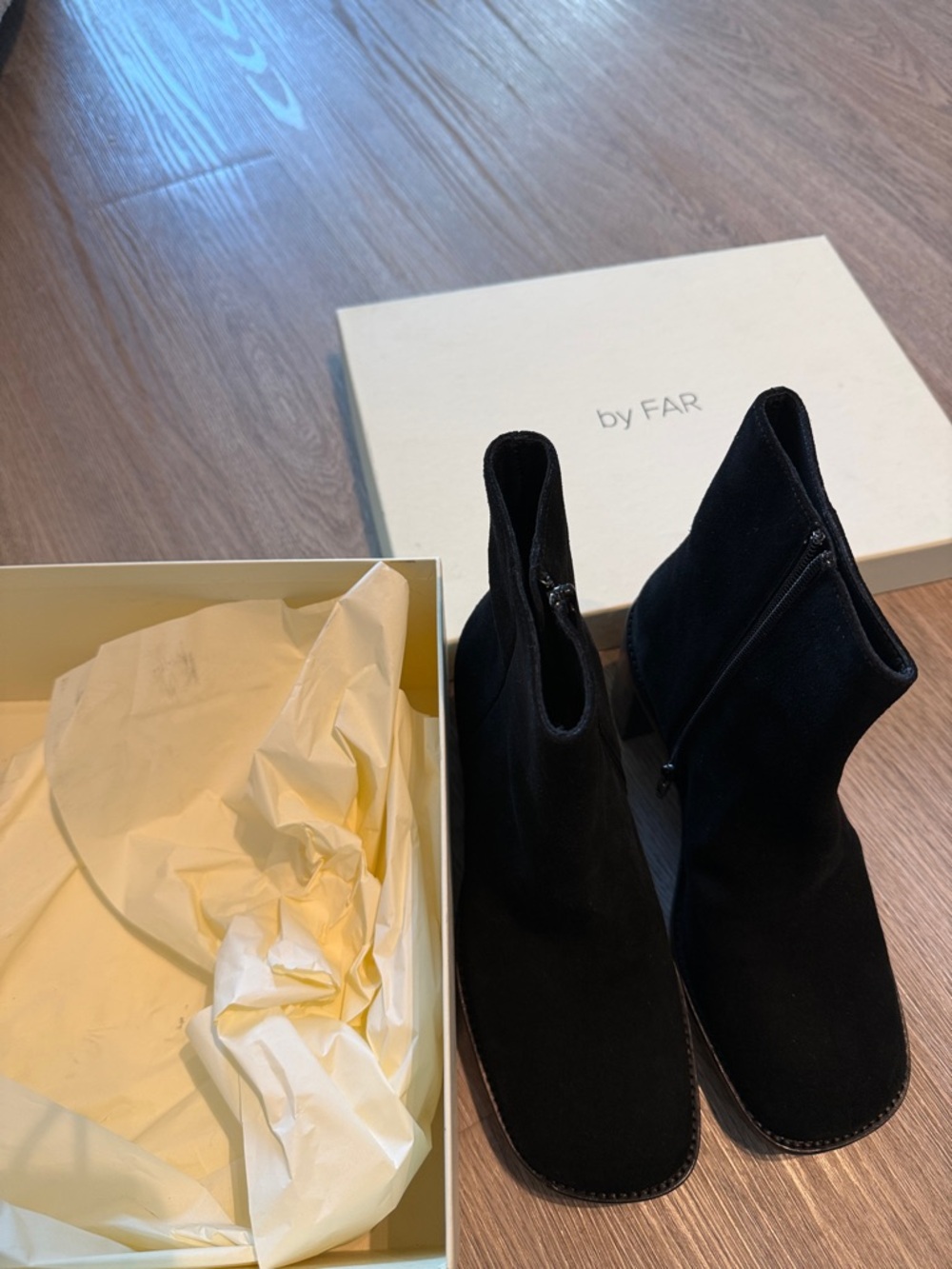 BY FAR Black Suede Zip Ankle Boots